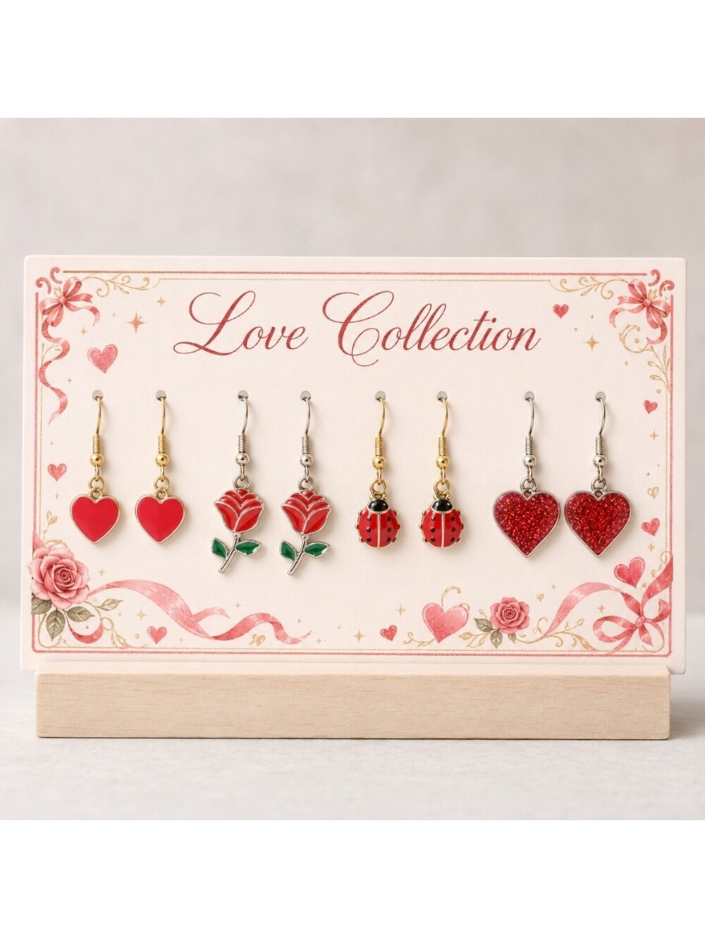 Love Collection Red & Gold Hearts Roses & Lady Bugs Romantic Earring Set